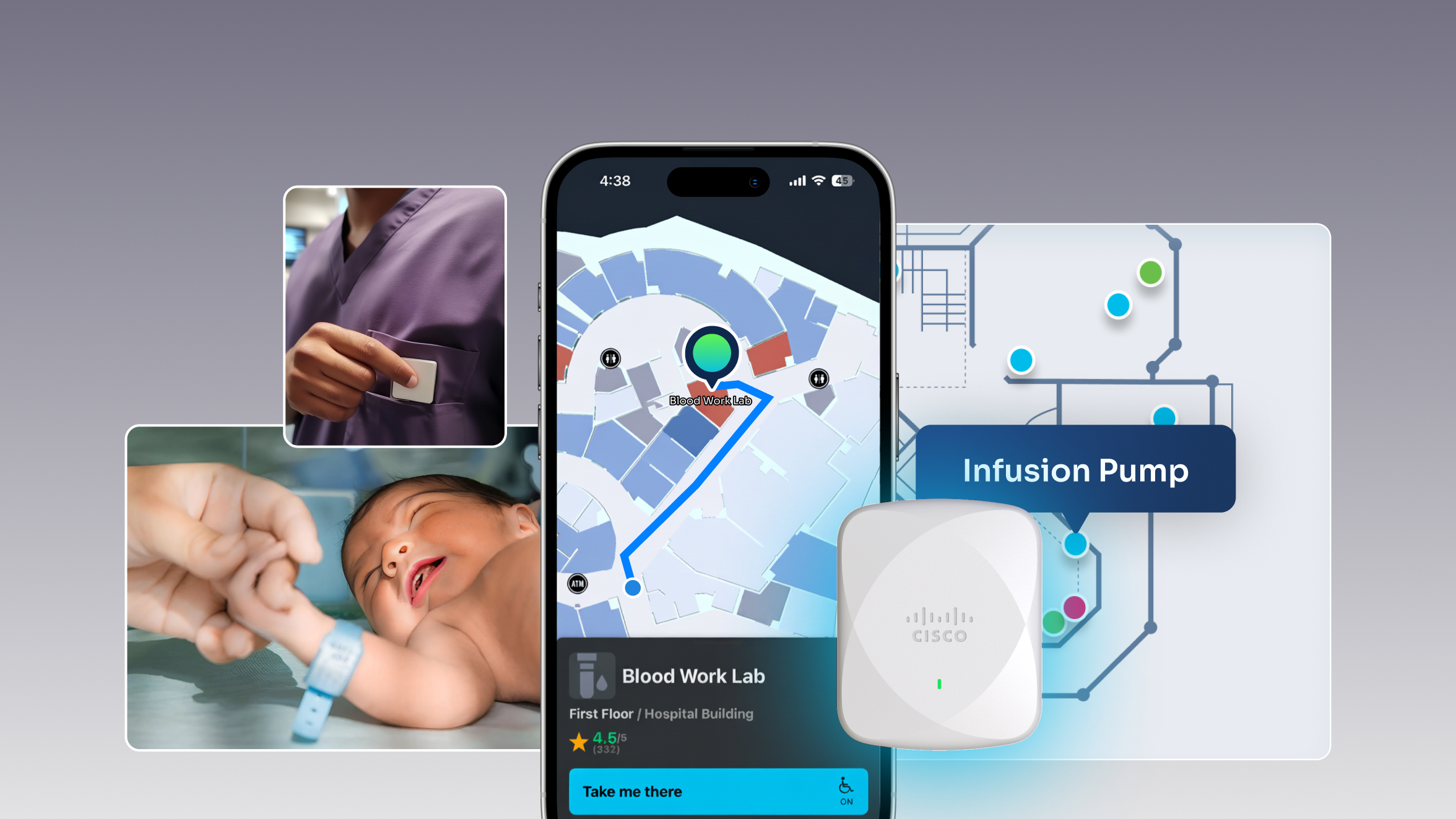 Smartphone app shows Blood Work Lab navigation, with a nurse, a newborn, and a Cisco access point near an Infusion Pump map location.