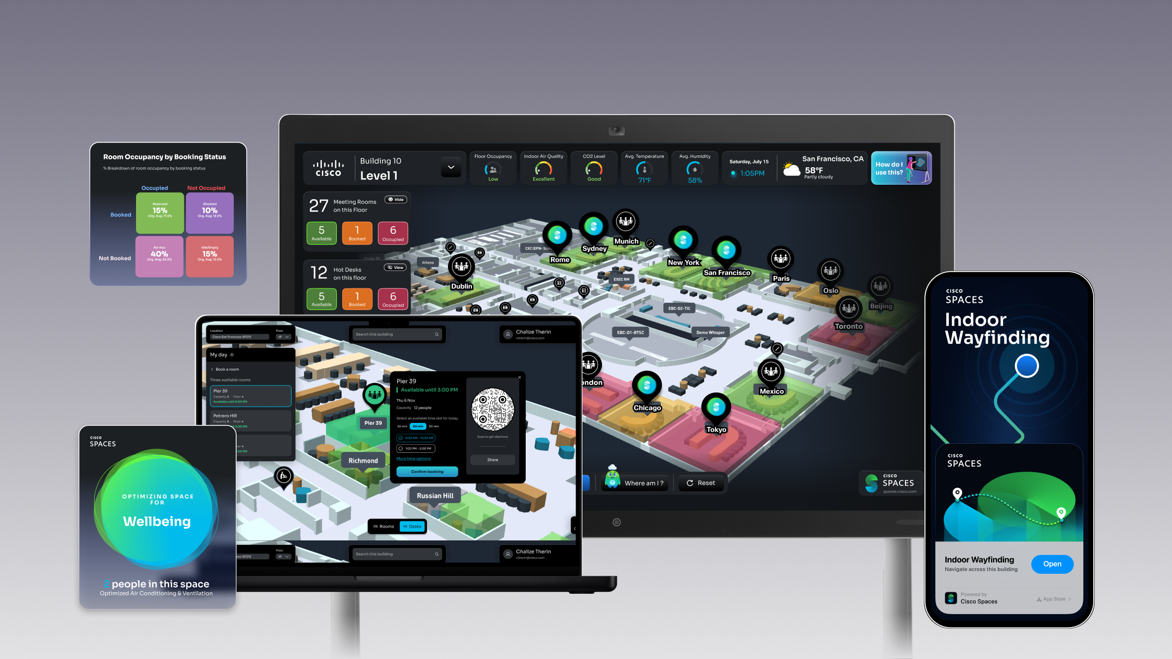 Cisco Spaces software on various devices, showing indoor wayfinding, floor maps, room occupancy, and space optimization metrics.