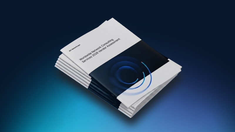 Stack of IDC MarketScape Worldwide Network Consulting Services 2026 Vendor Assessment reports.
