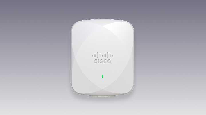 White Cisco Tag with a central logo and a green status light.