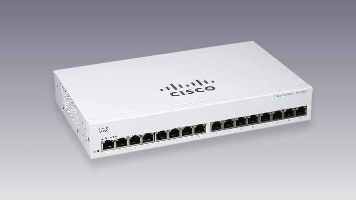 Cisco Business 110 Series white network switch with multiple Ethernet ports.