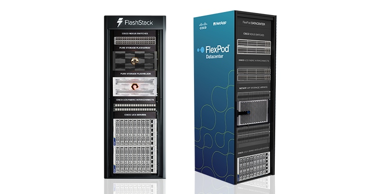FlashStack and FlexPod converged infrastructure racks featuring Cisco UCS servers, Cisco Nexus switches storage solutions for data centers.