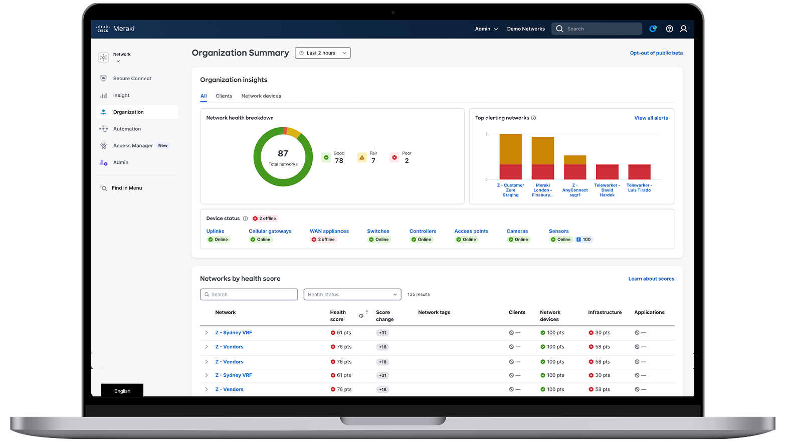 The Meraki dashboard user interface, looking at the ‘Security & SD-WAN’ section.